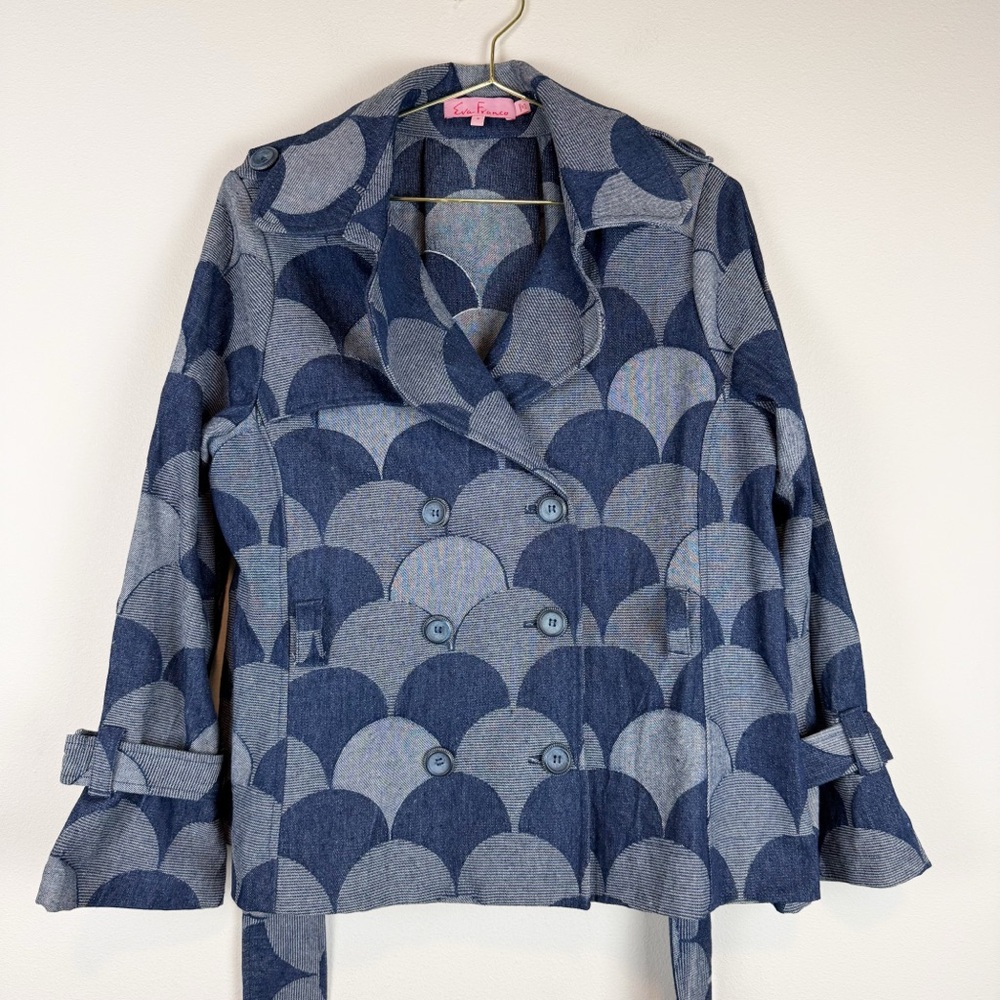 Eva Franco Brex Jacket Atomic Denim Blue Scallop Double Breasted Size 6 - Picture 5 of 14